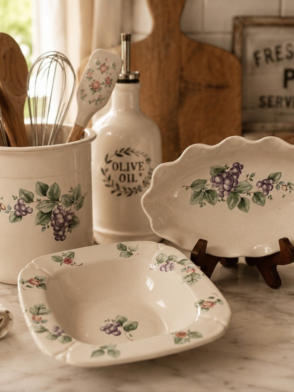 Vintage Pfaltzgraff Grapevine Embossed  Utensil Holder, Relish Dish, Square Bowl